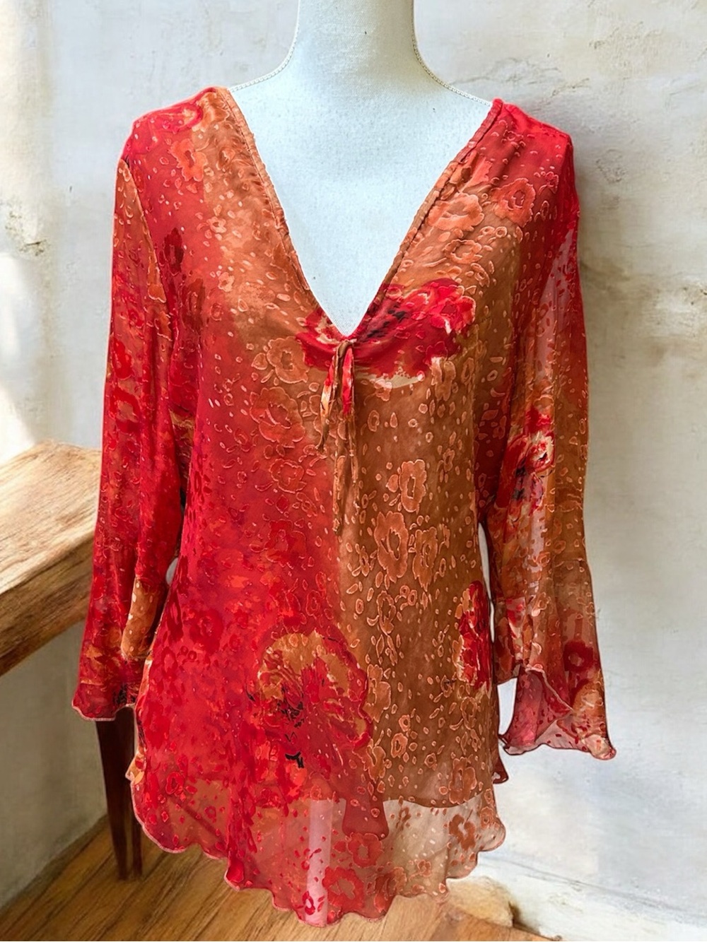 Carole Little Silk Red Orange Watercolor Floral Burnout Velvet V Neck Blouse Lrg